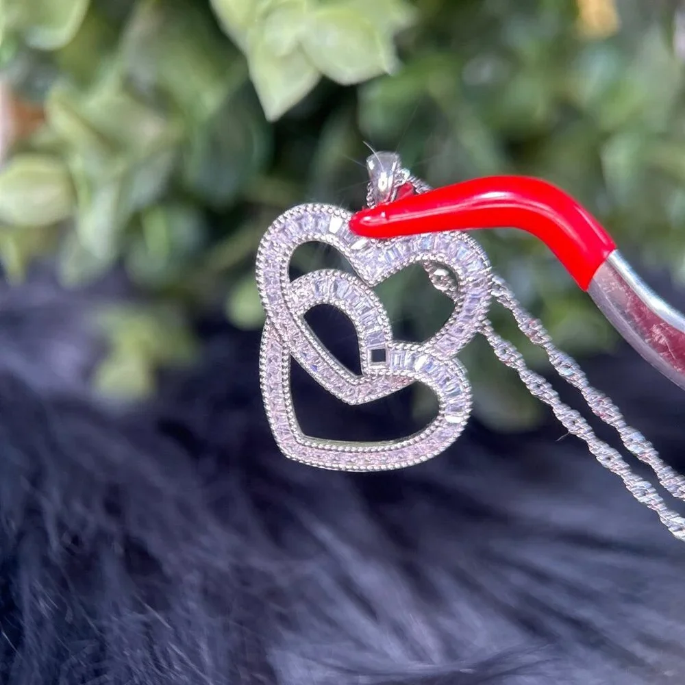 Silver 925 Double Heart Baguette Cz Necklace